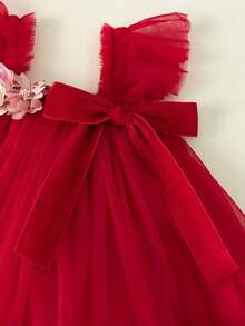 Vestido elegante de fiesta para niñas bebé en color borgoña con adorno floral 3D, caja de regalo de Papá Noel y árbol de Navidad, apropiado para el primer cumpleaños, banquetes, galas, Acción de Gracias y reuniones familiares - Burdeos - Ver 7