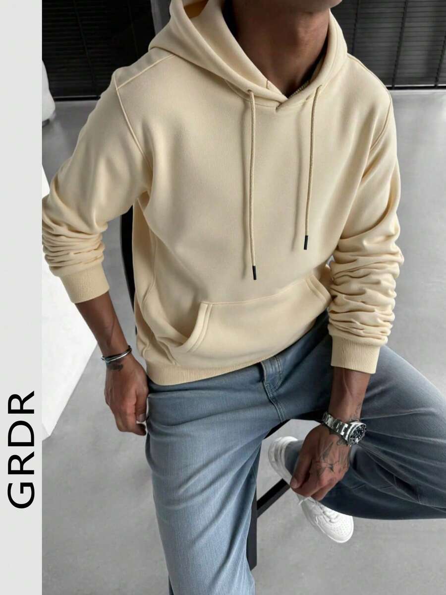 GRDR 男士纯色长袖抽绳连帽卫衣，带口袋 - 杏色 - 查看 1