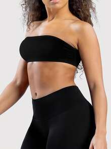 DINBEY Women's Backless Bandeau Sports Bra - Padded Seamless Wireless Solid Color Fitness Yoga Top Black Spring - Black - View 5