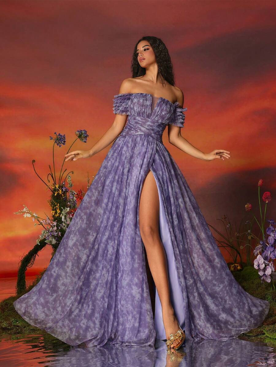 Váy dạ hội thanh lịch hở vai lưới xẻ tà đến đùi VIPGIRL dành cho quý cô (có đính đá) - Màu tím - Xem 1