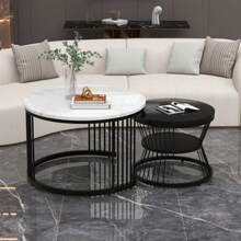 Modern Nesting Coffee Table, Set Of 2 Coffee Tables, Glossy Marble Effect Top, Side Table For Sofa, Black Frame. - Black - View 7