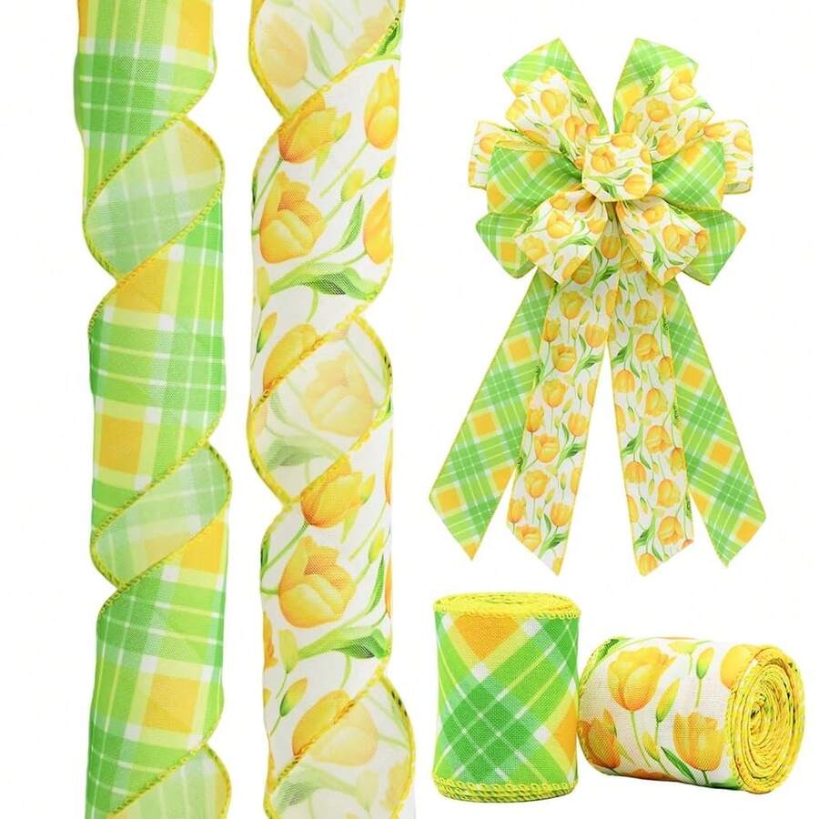 2 Rolls Yellow Tulip Wired Ribbon - 2.5 Inch Wide, 10 Yards Total, Tulip Floral Pattern, Cheerful Summer Floral Ribbon For Wedding Decor, DIY Crafts & Gift Wrapping,Green - GREEN - View 1