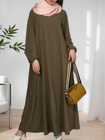 Elegant Arabic Style Woven Dress, Bishop Sleeves, Round Neck, Asymmetric Design Details