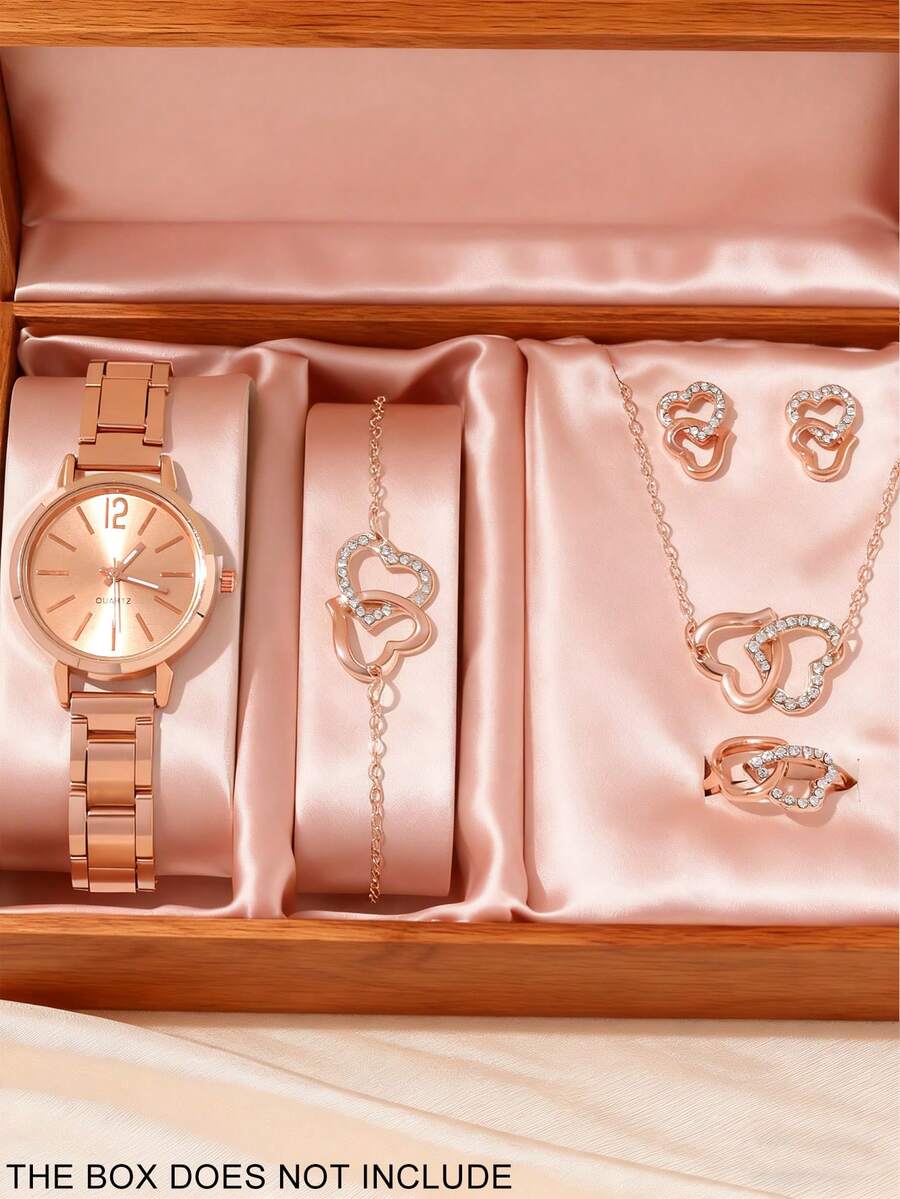 6pcs Compact And Elegant Women's Quartz Watches, Multi-Piece Set Of Ladies' Light Luxury Style Jewelry And Watches With Heart-Shaped Rhinestone Decorations. Metal Strap Watch Paired With Heart Bracelet, Necklace, Earrings, And Ring, Fully Showcasing A Sweet, Light Luxury Romantic Vibe. Comfortable To Wear, Suitable For Refined Everyday Commuting Outfits, Eye-Catching Looks For Dates And Shopping