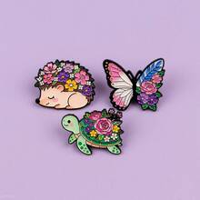 可爱卡通花朵刺猬胸针,可作翻领别针、背包别针,软珐琅金属徽章,珠宝配饰礼品 - 黑色 - 查看 4