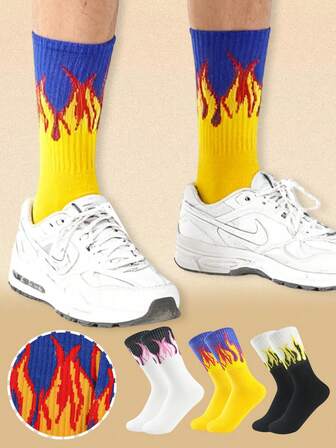 1双/3双装 时尚欧美中筒袜 | 男女通用火焰图案袜子 + 中筒/及膝两用款 + 万圣节装扮/运动休闲 + 欧美街头嘻哈风格 + 多功能运动袜 | 男士礼物