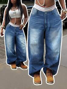 大码女式中腰水洗牛仔裤，复古做旧无弹力牛仔裤，休闲春季款 - 中等水洗藍 - 查看 1