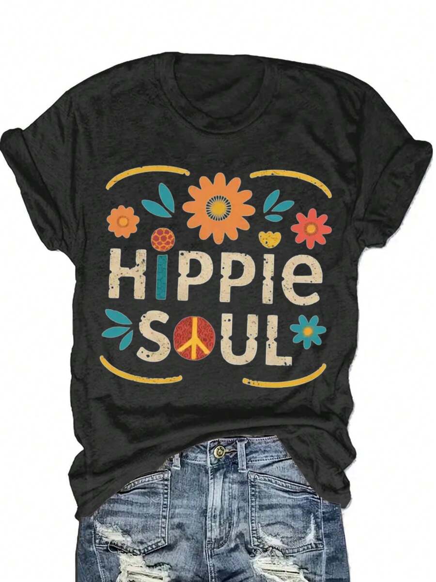 Women's Hippie Soul Pattern T-Shirt - Vintage Bohemian Floral And Geometric Pattern Print, Soft Cotton, Regular Fit Short Sleeve T-Shirt For Summer Festivals And Casual Wear, Festive Clothing, Comfortable Fabric - 黑色 - 查看 1