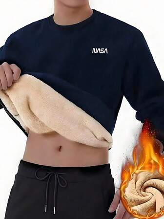 男士字母印花圆领卫衣，时尚长袖宽松保暖抓绒内衬上衣，秋冬款