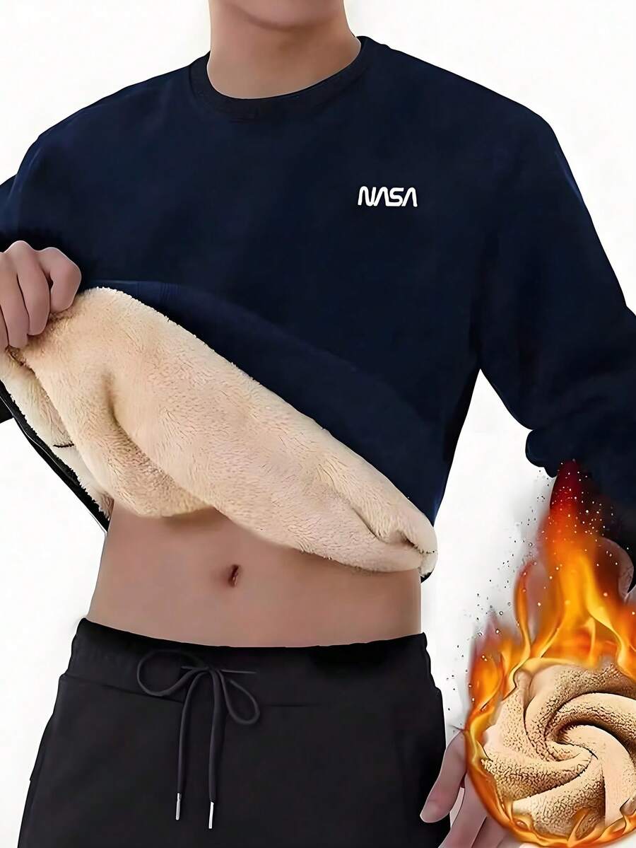 Men's Letter Print Crew Neck Sweatshirt, Fashion Long Sleeve Loose Fit Warm Thermal Lined Top, Autumn/Winter - Blue - View 1