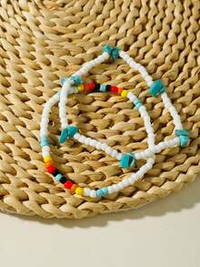 imoli 2pcs Minimalist Beaded & Stone Bohemian Style Anklet Set For Women, Perfect Gift For Travel & Vacation (Handmade Beads Quantity & Size May Vary) - 31022-ank-white-eP - View 3