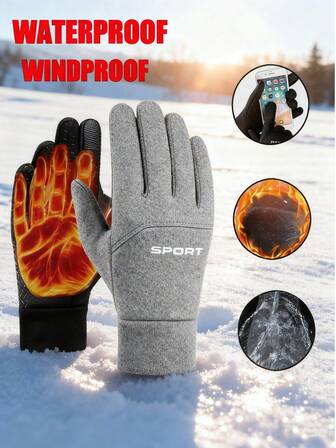 Letter Decor Windproof Unisex Winter Outdoor Sports Cycling Warm Gloves, Water-Resistant, Thermal Lined Non Slip And Warm Women's Full Finger Gloves