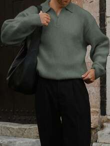 男士罗纹高领毛衣，休闲宽松套头针织衫，秋冬季长袖上衣 - 灰色 - 查看 5