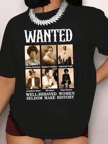 Empowering Women's History Portrait & Letter Print T-Shirt - Soft Polyester, Crew Neck, Short Sleeve, Relaxed Fit - Machine Washable Casual Top For Spring & Summer, Inspiring Historical Messages - màu đen - Xem 12