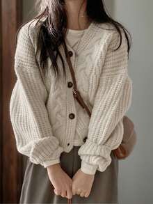 JIANHU 秋冬季女士復古粗針織針織外套-前鈕式，長袖，情人節及更多場合的完美穿搭 - 米色 - 查看 4