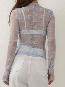 Women's Sheer Lace Mesh Top, Fashionable Slim Fit Long Sleeve Faux Collar Floral Blouse, Casual Outing T-Shirt - 天空 - 查看 2