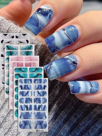 5pcs Full Nail Stickers With Gradient, Marble, Leopard, Floral Patterns, Suitable For Women Nail Art, Holidays