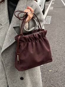 秋冬时尚复古麂皮手提包，休闲百搭女士单肩包，拉链封口，褶皱设计，优雅配色，大容量水桶包，适合日常通勤、约会、购物等场合。 - 彩色 - 查看 10