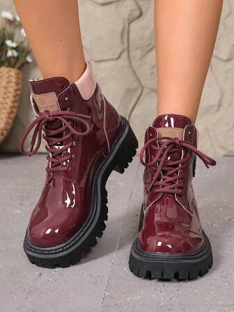 Women's Fashionable Boots, Thick Sole Lace-Up Work Boots - Round Toe Elevated & Slimming - Retro Streetwear Style - Suitable For Photoshoot/Commute, Essential For Autumn/Winter