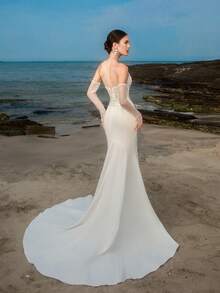 Elasola فستان زفاف ساتان ذو قصة الحورية مع ملابس علوية أنبوبية وأكمام للذراعين بياقة قلب للعروس الأنيقة