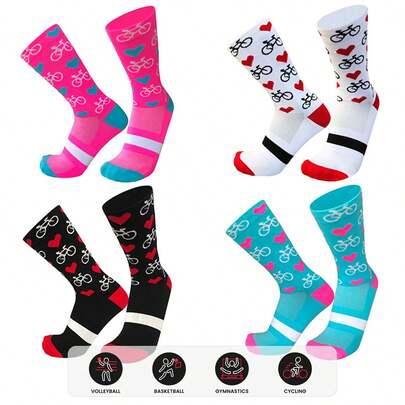 4 Pairs Women's Heart Pattern Mid-Calf Socks, Sports Socks For Autumn/Winter