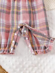 新款女婴休闲圆领长袖格子连体衣带头带，适合春秋季 - 粉色 - 查看 6