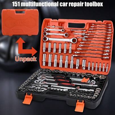 46Pcs Professional CR-V Steel Tool Set - Heavy-Duty Ratchet Wrench & Screwdriver Combo With Metric Sockets, Durable Chrome Vanadium Steel Kit For Car/Motorcycle/Bicycle Repair, Essential DIY Automotive Tool For Home Garage Mechanics