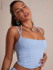Cropped Corset Tank Top With Double Straps - Baby Blue - View 2