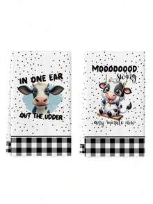 2 Pcs Contemporary Microfiber Dish Towels - Cartoon Cow Farm Theme Absorbent Fade Resistant Knit Fabric Machine Washable Oblong Tea Towels Practical Hand Towels For Kitchen Cooking Baking Daily Cleaning Perfect Housewarming Birthday Gifts For Family Friends Farmhouse Decor Lovers - White - View 4