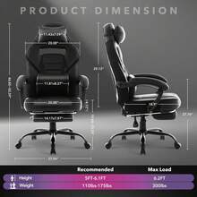 Silla de juegos, silla de videojuegos de cuero PU con soporte lumbar de masaje y reposapiés Silla de juegos de computadora ergonómica grande y alta ajustable en altura con asiento giratorio y reposacabezas para oficina en el hogar - Negro - Ver 2