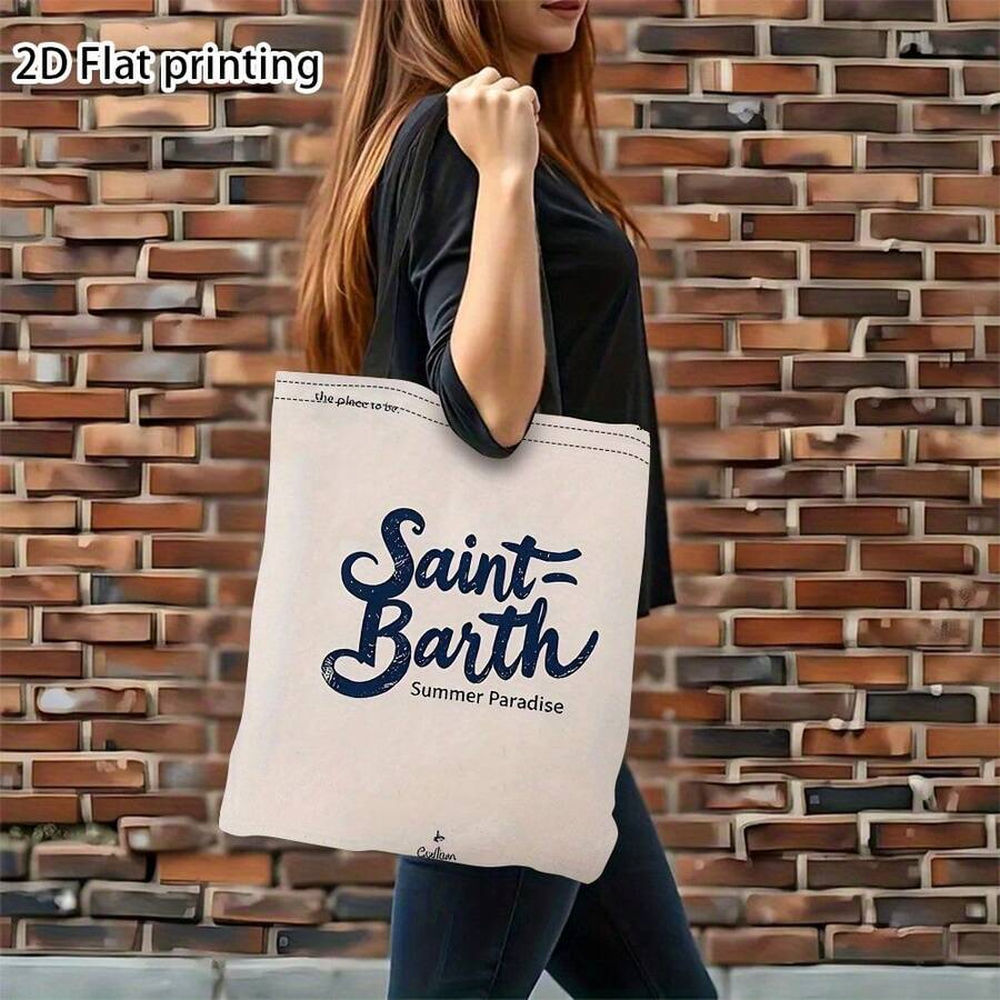 1 Piece Vintage Saint Barth Summer Paradise Handbag - Lightweight Open Top Shoulder Bag, Suitable Women, Casual Beach And Travel Essential, Durable Canvas, Fixed Shoulder Strap, Shopping And Vacation, Beach Bag - trắng - Xem 1
