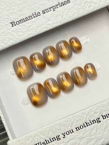 10片手工美甲片，椭圆形/圆形，亚克力材质，按压式，短款，简约紫色/棕色渐变，金色闪亮猫眼，简约优雅奢华手工美甲，秋季美甲，秋季按压式美甲，可爱美学，百搭美甲，DIY假指甲，适合派对、日常、约会、海滩、热带度假等场合，可重复使用，适合女性和女孩作为礼物，美甲用品，手工按压式美甲片 - 彩色 - 查看 4