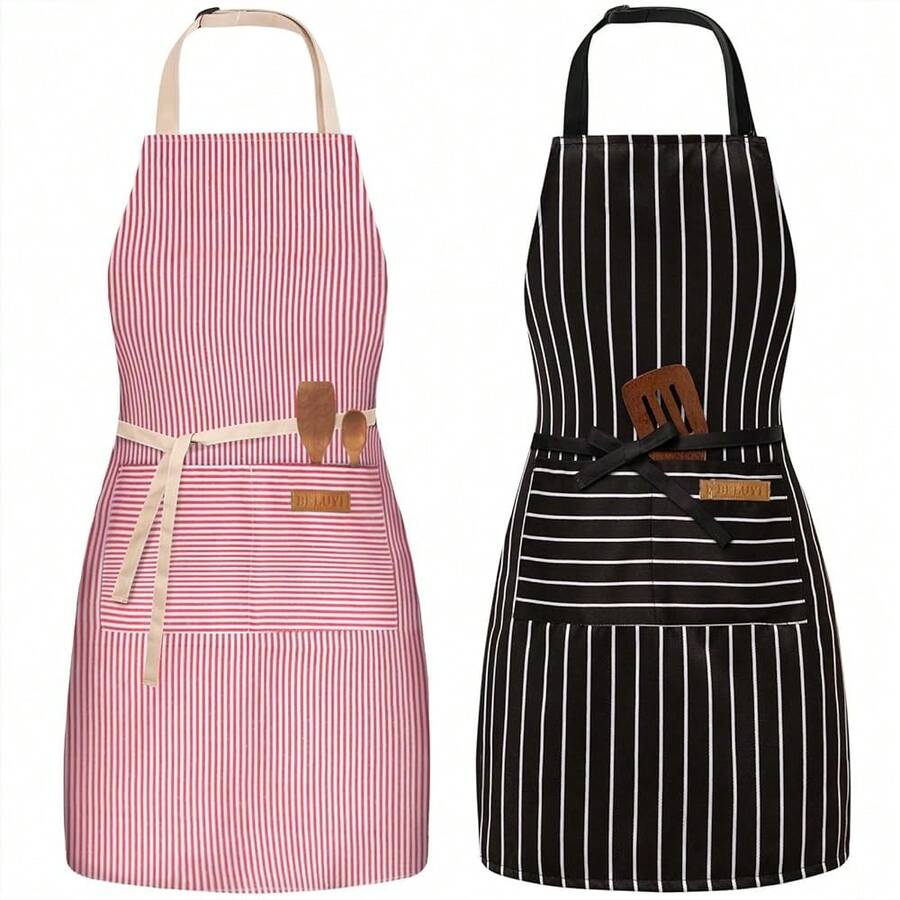 2 Pack Adjustable Bib Apron With 2 Pockets Chef CooFKing Kitchen Restaurant Aprons For Women Men,Red/FFBlackssstripes - 紅色/黑色條紋 - 查看 1