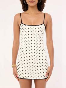 Women's Bodycon Mini Dress Sleeveless Spaghetti Strap Square Neck Dots Print Dress Clubwear - 白色 - 查看 7