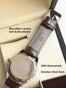 Pablo Raez 1pc Men's Fashion Watch, SUS304 Stainless Steel Silver IPS Case, Roman Numeral & Bar Scale Dial, Date, Minimalist Design Dial, Brown Faux Leather Strap, Casual Water Resistant Quartz, Suitable For Work, School, Daily Life, Gift For Men, Business Luxury