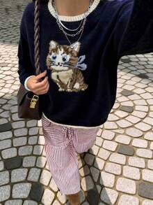 FOR BEAUTY 卡通猫咪印花针织毛衣，女士新款时尚可爱套头衫，适合秋冬季节，休闲家居毛衣上装，新年必备 - 藏蓝色 - 查看 1