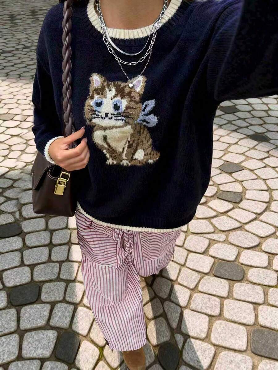 FOR BEAUTY 卡通猫咪印花针织毛衣，女士新款时尚可爱套头衫，适合秋冬季节，休闲家居毛衣上装，新年必备 - 藏蓝色 - 查看 1