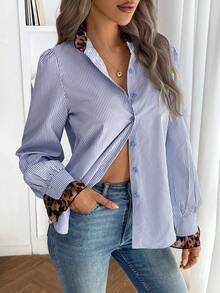 1pc Polyester Striped & Leopard Print Patchwork Button Down Collared Shirt, Suitable For Vacation, Spring/Autumn - Blue - View 2