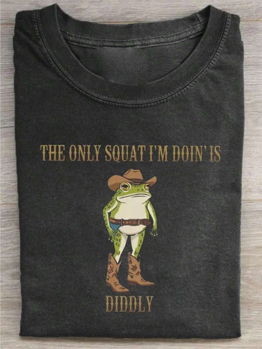 Clothing, Vintage Pattern T-Shirt - Humorous Cowboy Frog And "Squat" Slogan Print, Loose Street Style, All-Season Casual Short Sleeve, Machine Washable, Perfect Gift For Holidays And Birthdays, Fun Printed Shirt, Soft Fabric Top - 黑色 - 查看 1