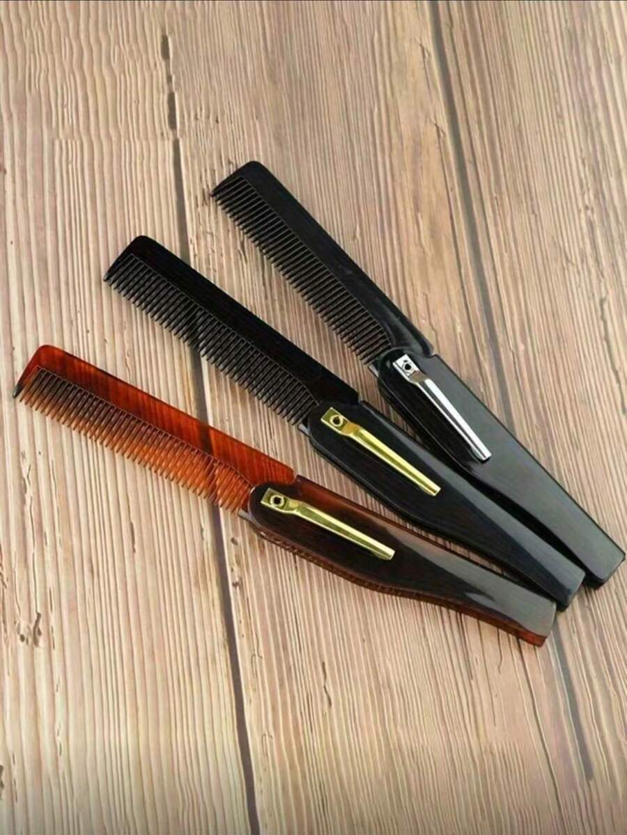 1/3支装手工折叠口袋梳，男士专用，细齿直发梳，适用于日常梳理造型，可用于头发、胡须或髭须，干用或搭配护发膏使用，锯齿状手工抛光，银色别针随机位于一侧 - 彩色 - 查看 1