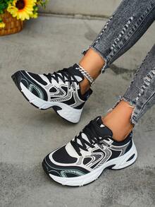 Women's Color - Block Chunky Sneakers, Mesh - Breathable, Retro Dad - Shoe Style, Comfortable For Running And Casual Sports .Soft Leather Thick-Soled Height-Enhancing Sneakers, Women's Breathable Mesh 2025 Spring, Summer And Autumn New Casual Running Shoes, Music Festival Millennial Style Back To School Must-Have - 黑色升級版 - 查看 3