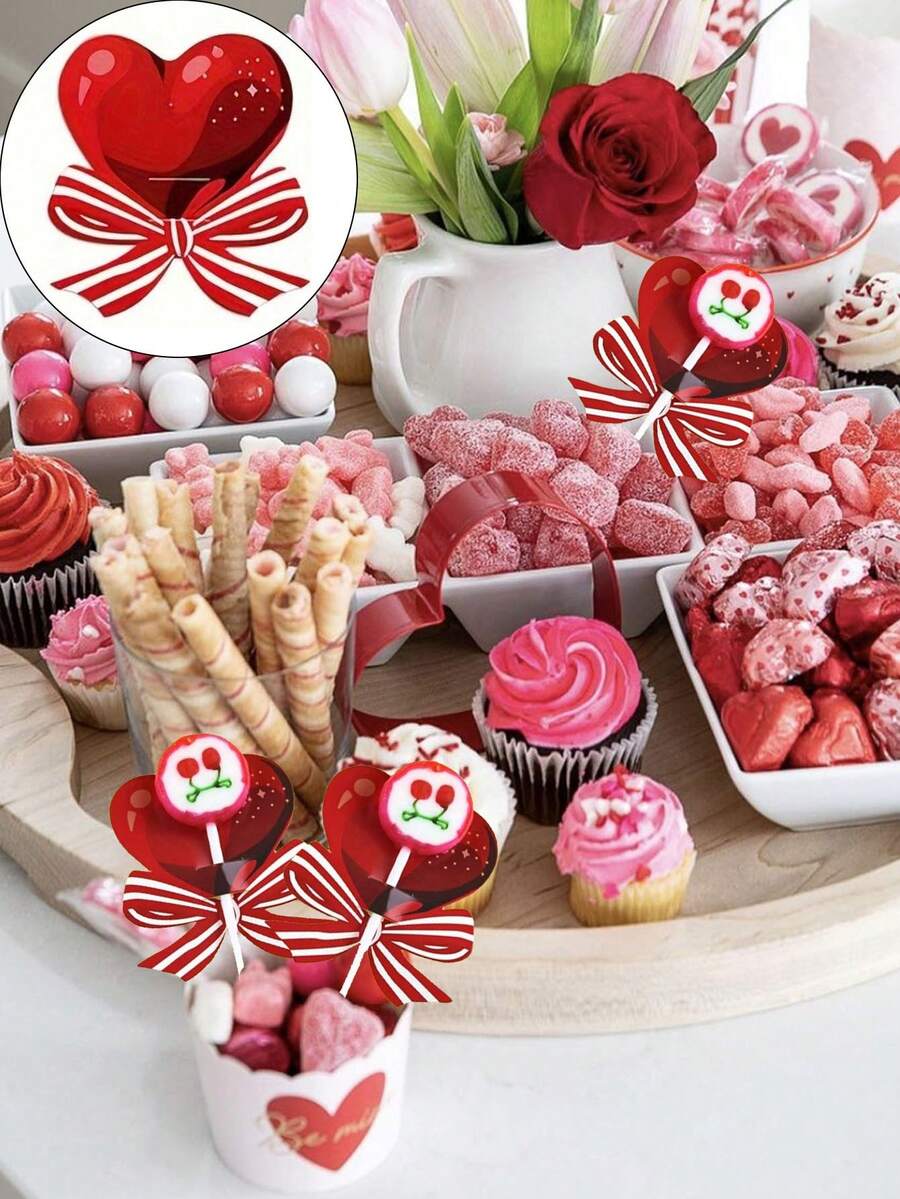20 pièces Emballages de sucettes en forme de cœur pour la Saint-Valentin avec nœud, supports de sucettes DIY, cartes de décoration d'emballage de bouquet, cartes d'insertion de bonbons avec nœud, étiquettes de cadeaux de bonbons pour la Saint-Valentin, enveloppes en papier à motif de cœur mélangé, convient pour les mariages et les fêtes romantiques - Multicolore - Voir 1