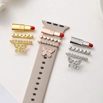 4个锌合金表带装饰环，口红/蝴蝶形状，适用于苹果手表表带（不含表带）