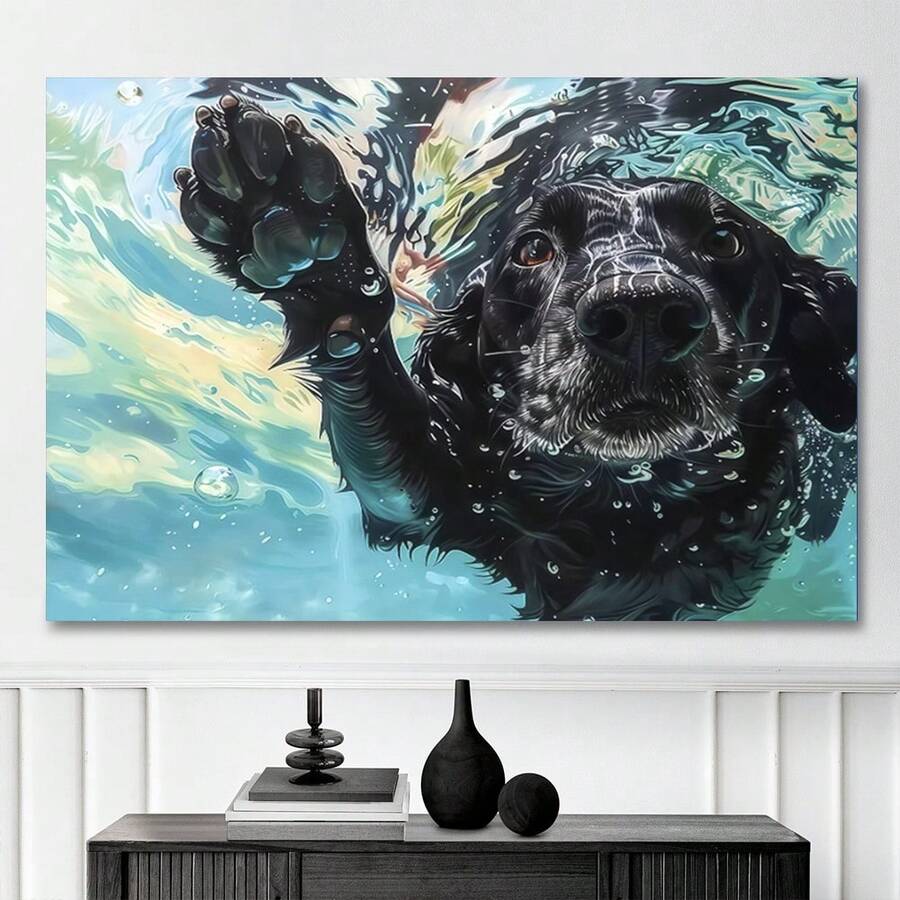 Framed Chic Black Labrador Swimming Canvas Art - Modern HD Print Wall Decor For Living Room & Bedroom, Easy-To-Hang Poster, Light Luxury, Studio Hallway, Art And Crafts - Đóng khung - Xem 1