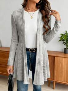 Women's Casual Long Sleeve Cardigan - Open Front Mid-Length Sweater With Umbrella Hem, Machine Washable Solid Color For Fall Winter Layering, Sweater Cardigan, Autumn Layering, Cozy Fashion, Ribbed Texture, Soft Cozy Women's Spring Summer Fall Clothing, Define Jacket, Sports Jacket, Zip Up Jackets, Fitted Jacket, Spring Coat For Women, Western Outfits For Women, Valentine Outfits For Women, Valentine's Day, New Years Outfit Women, Christmas Outfit Women, Women's Spring Fashion, Women's Spring Promotion, Women Curve, Holiday Gift, Summer, Summer Outfits, Summer Outfits For Women - Xám - Xem 2