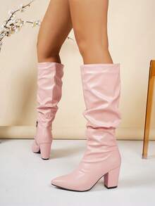 Women's Embroidered Ruched Western Floral Pattern Chunky Heel Fashion Boots