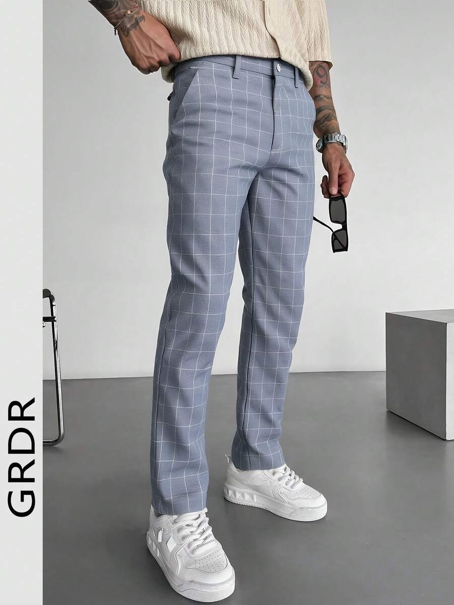 男士格纹纽扣细节休闲裤（无腰带），适合外出、度假、聚会，修身西装裤