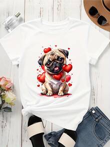 Cute Pug Dog With Hearts Valentine Theme T Shirt For Women - 白色 - 查看 3
