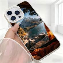 Cubierta de telefono con borde duro para iPhone 15 Pro Max Negro con estampado de paisaje montano y lago Ideal para uso diario y viajes - Blanco - Ver 5