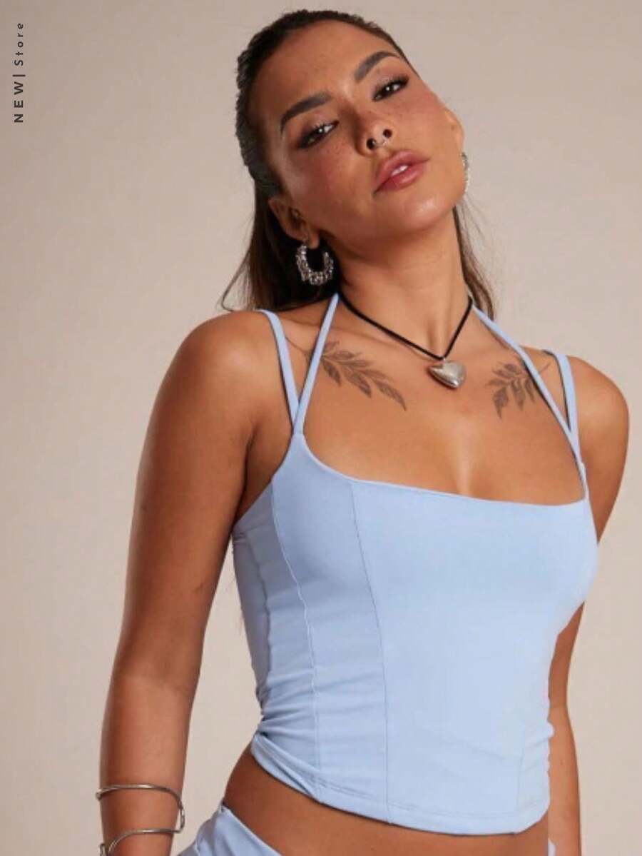 Cropped Corset Tank Top With Double Straps - Baby Blue - View 1